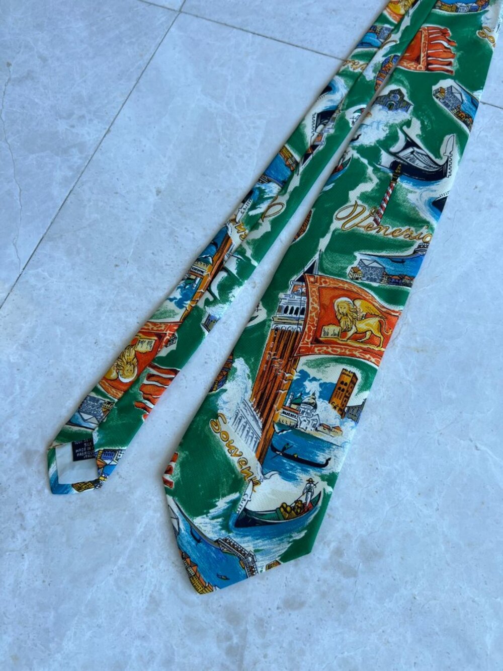 Dolce & Gabbana Silk Tie Green Venezia Souvenir Print Made in Italy